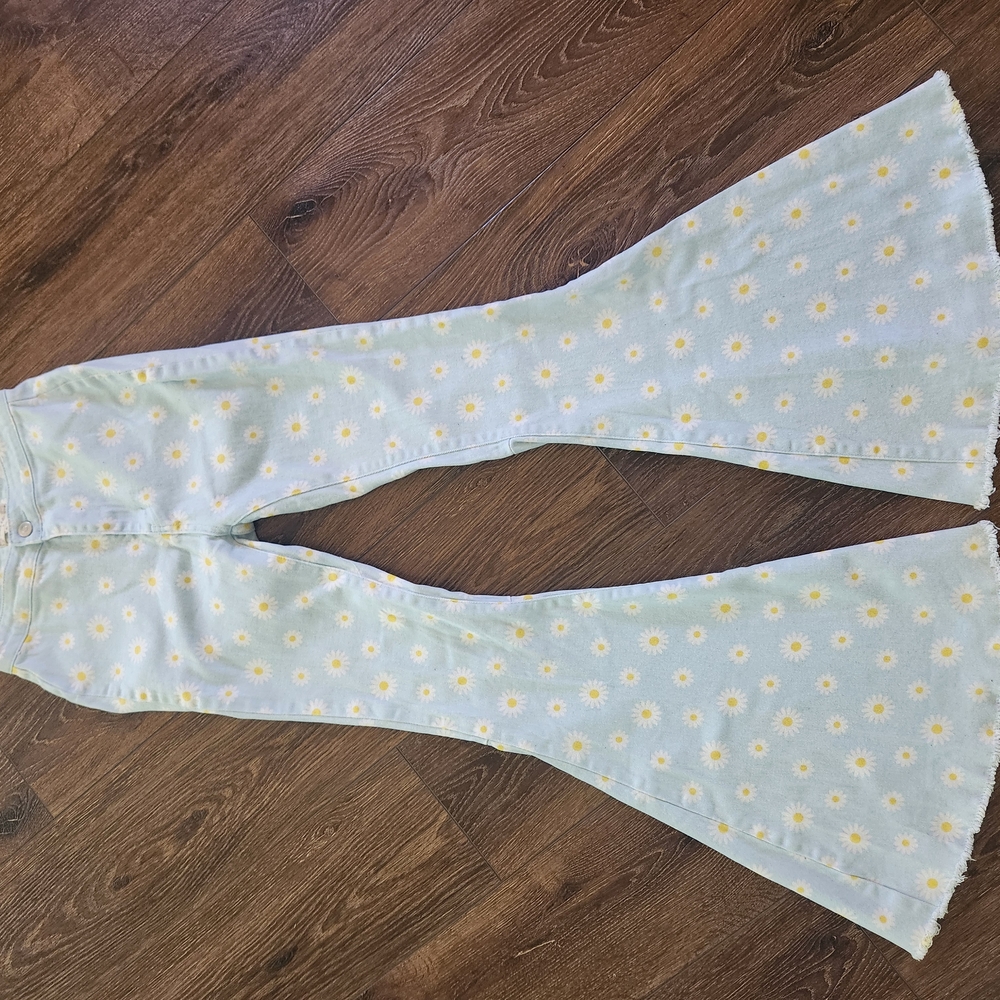 Floral Womens Bell Bottoms - Light Blue and Yellow